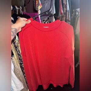 Zenana Outfitters Bright Orange/Red Ribbed Long-Sleeve Crewneck Top